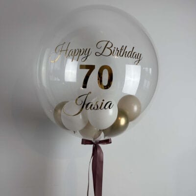 Duży balon przezroczysty z napisem i balonikami w środku