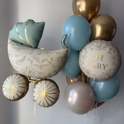 zestaw balonów na narodziny z balonem foliowym wózkiem i zestawem balonów lateksowych