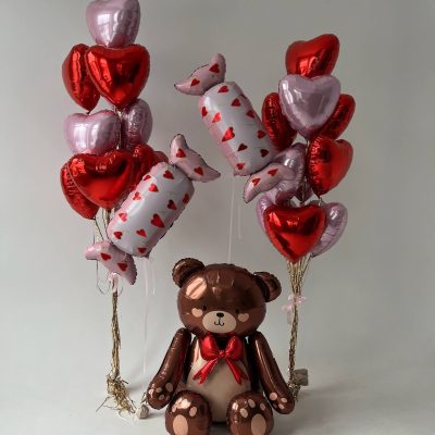 balony i bal foliowy pluszowy miś w serca