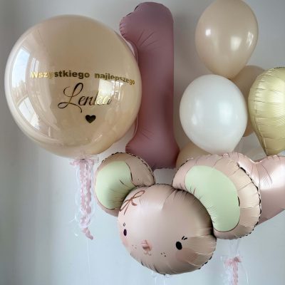 Pastelowy bukiet balonów na roczek z myszką i balonem bubble
