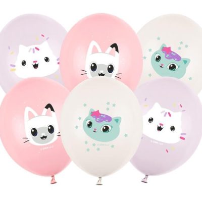 Kolorowe balony z uśmiechniętymi kotami.